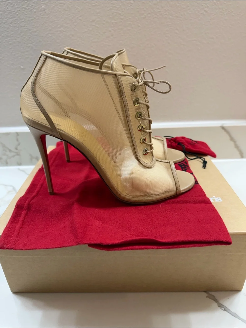Christian Louboutin Open Ondessa 100MM Rete/Nappa - Lace-Up Booties – Nude